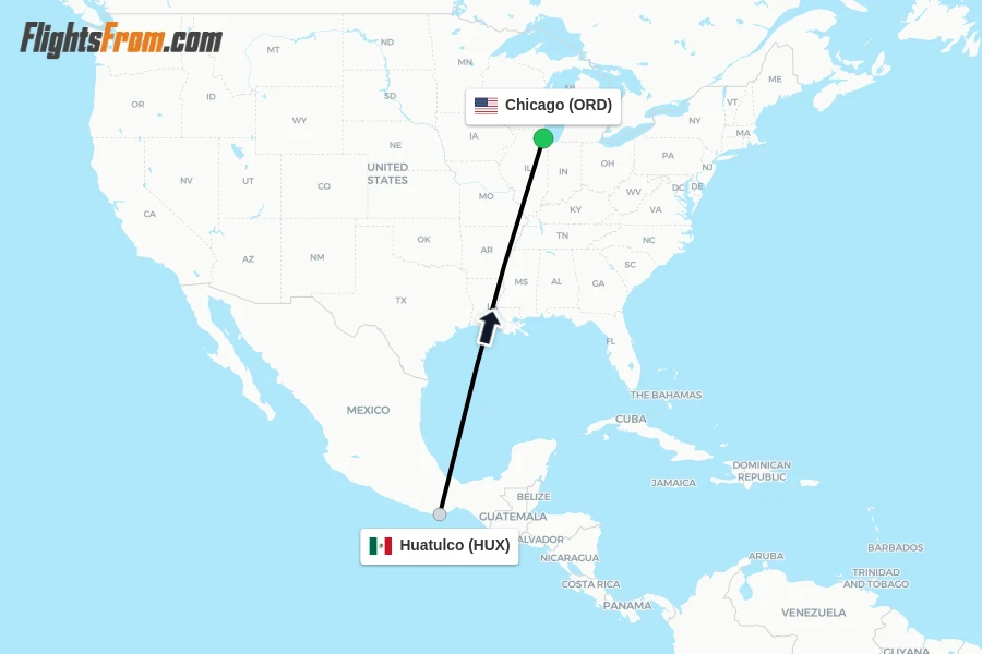 Flights from Huatulco to Chicago route map