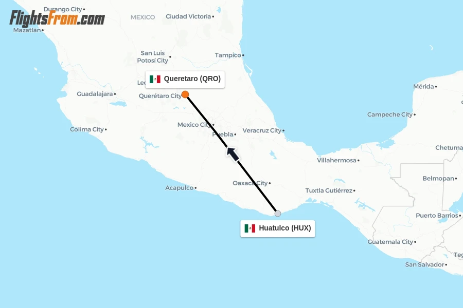 Flights from Huatulco to Queretaro route map