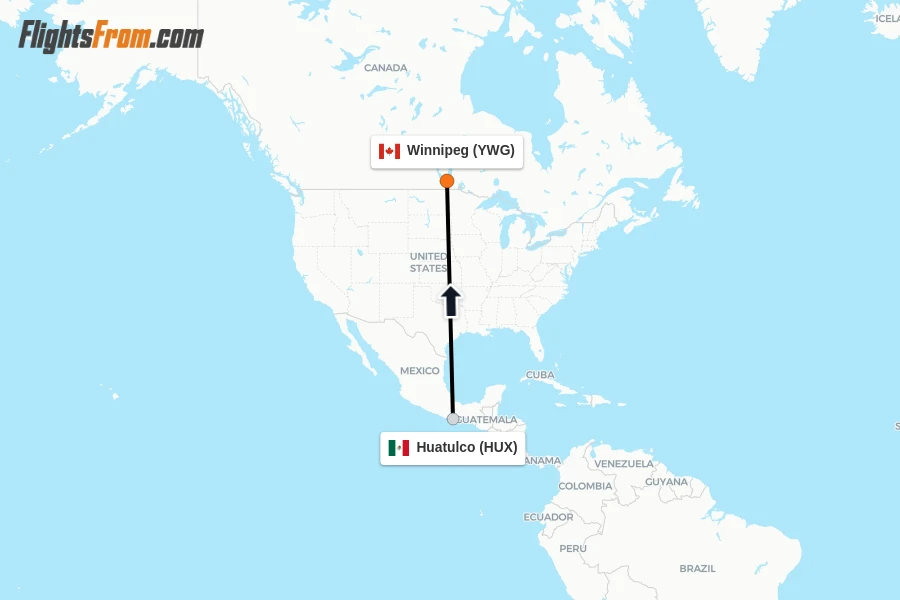Flights from Huatulco to Winnipeg route map