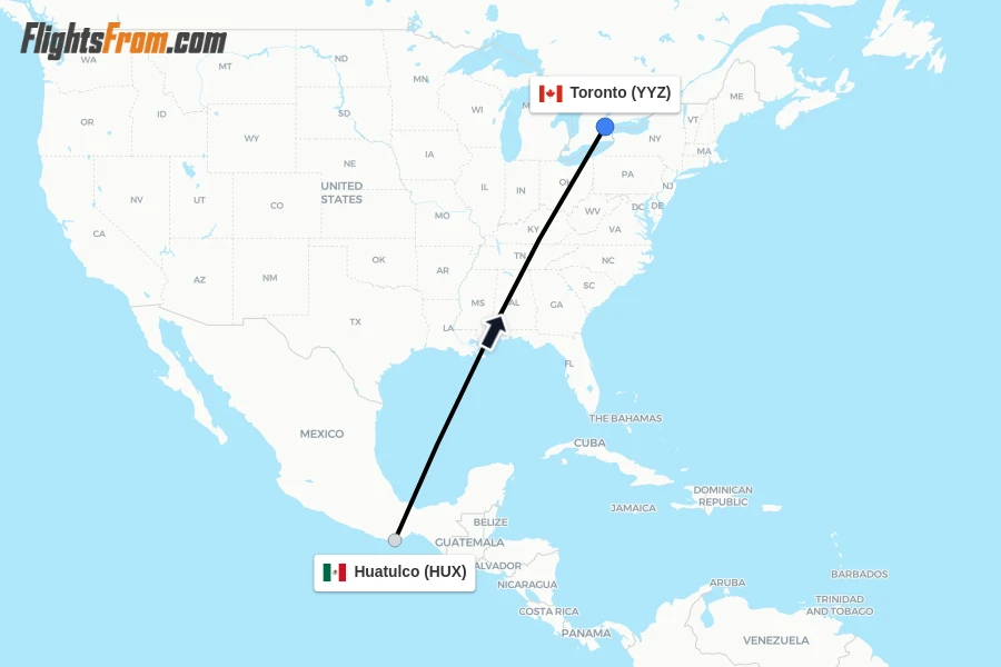 Flights from Huatulco to Toronto route map
