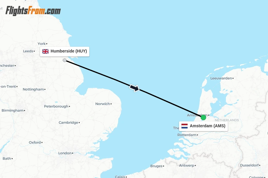 Flights from Humberside to Amsterdam route map