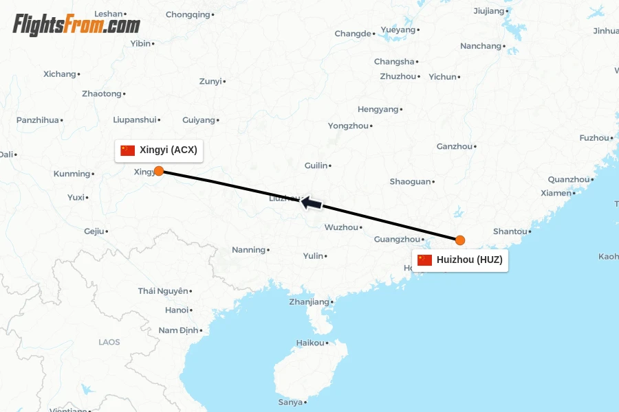 Flights from Huizhou to Xingyi route map