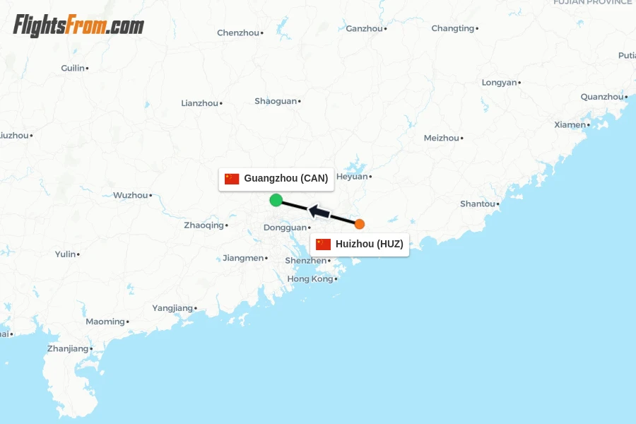 Flights from Huizhou to Guangzhou route map