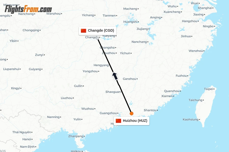 Flights from Huizhou to Changde route map