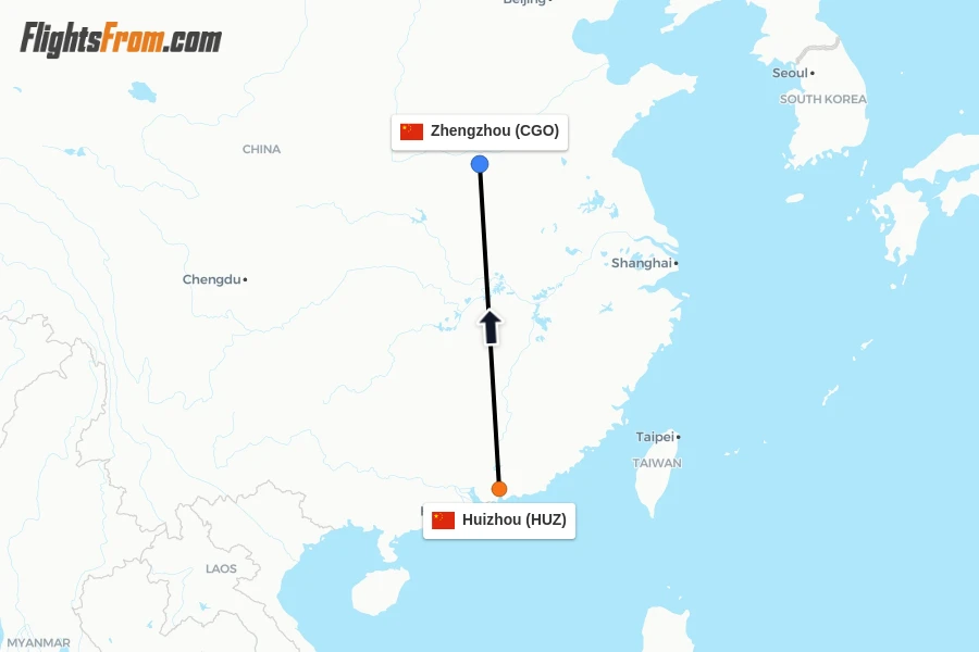 Flights from Huizhou to Zhengzhou route map