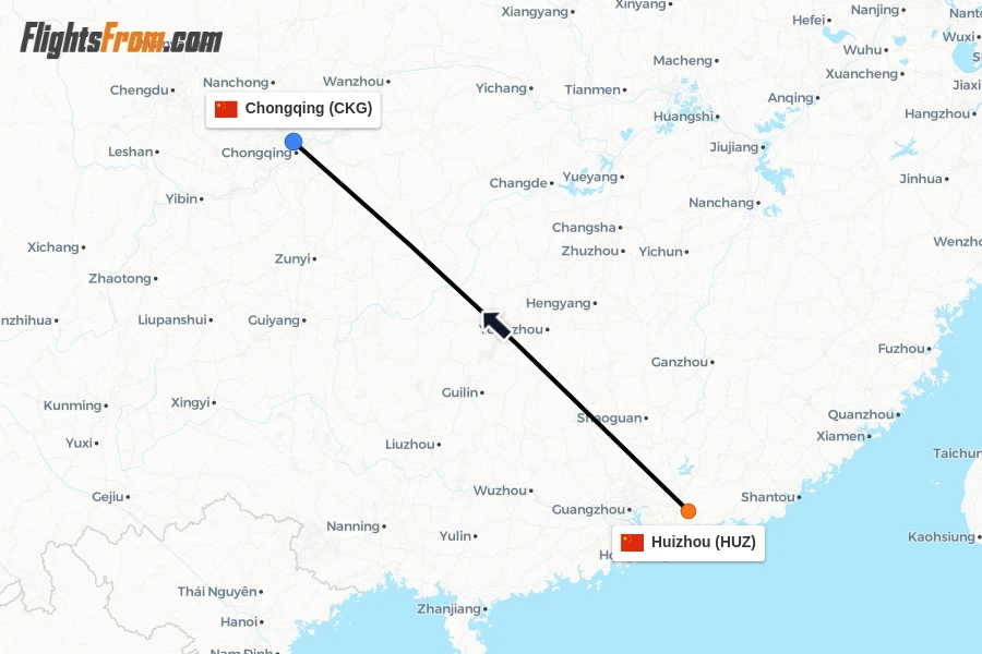 Flights from Huizhou to Chongqing route map