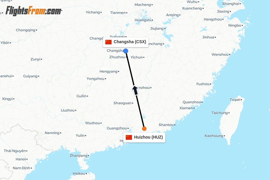 Flights from Huizhou to Changsha route map