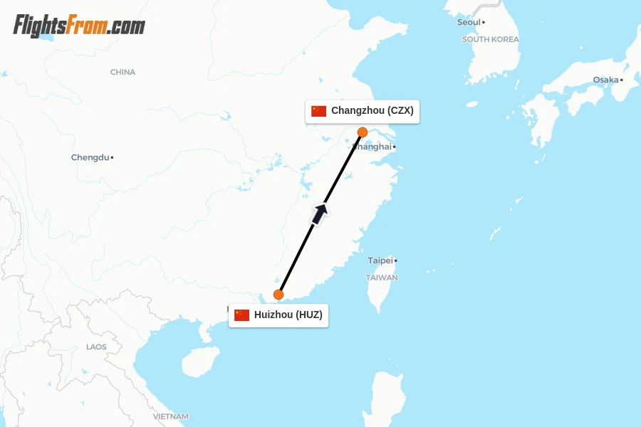 Flights from Huizhou to Changzhou route map