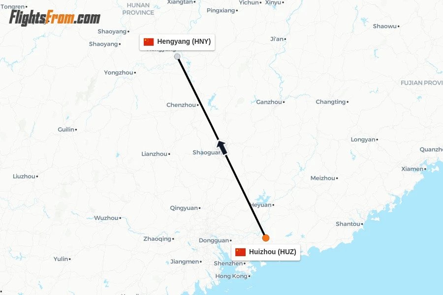 Flights from Huizhou to Hengyang route map