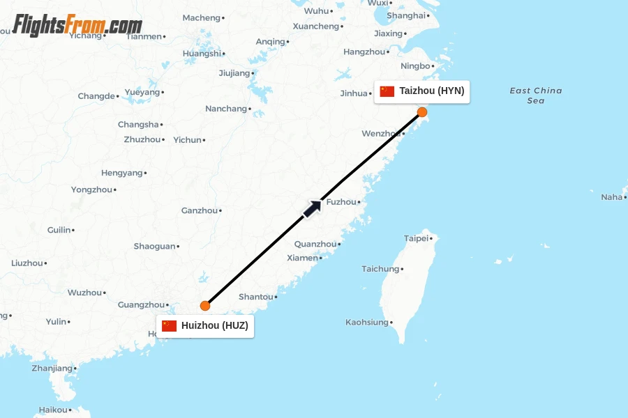 Flights from Huizhou to Taizhou route map