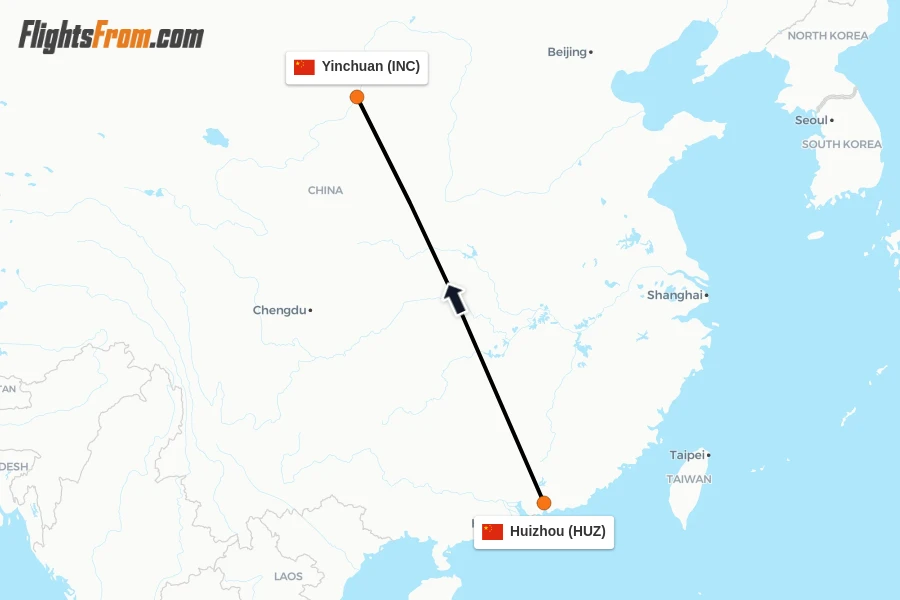 Flights from Huizhou to Yinchuan route map