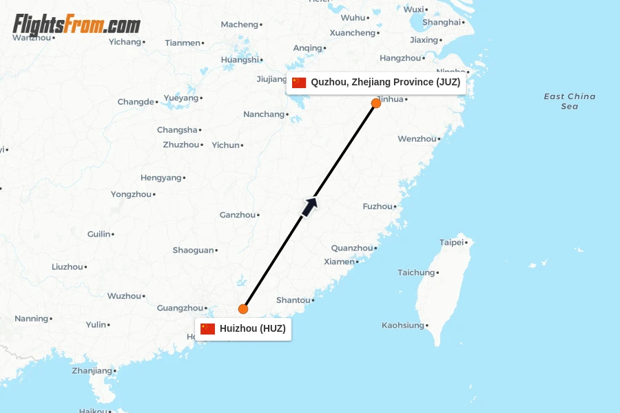 Flights from Huizhou to Quzhou, Zhejiang Province route map