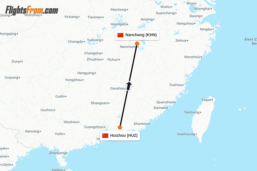 Flights from Huizhou to Nanchang route map
