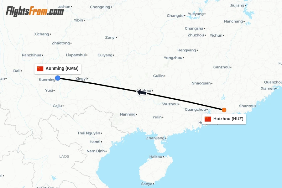 Flights from Huizhou to Kunming route map
