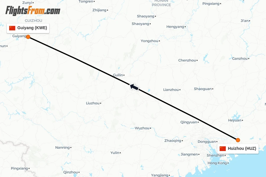Flights from Huizhou to Guiyang route map