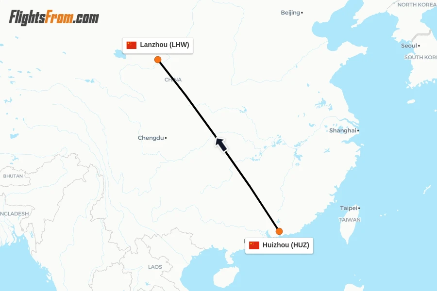 Flights from Huizhou to Lanzhou route map