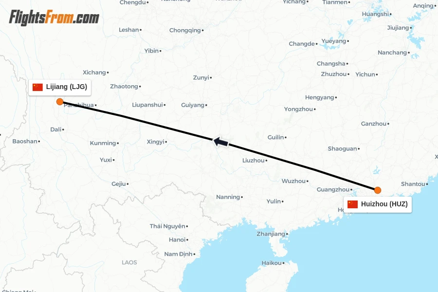 Flights from Huizhou to Lijiang route map