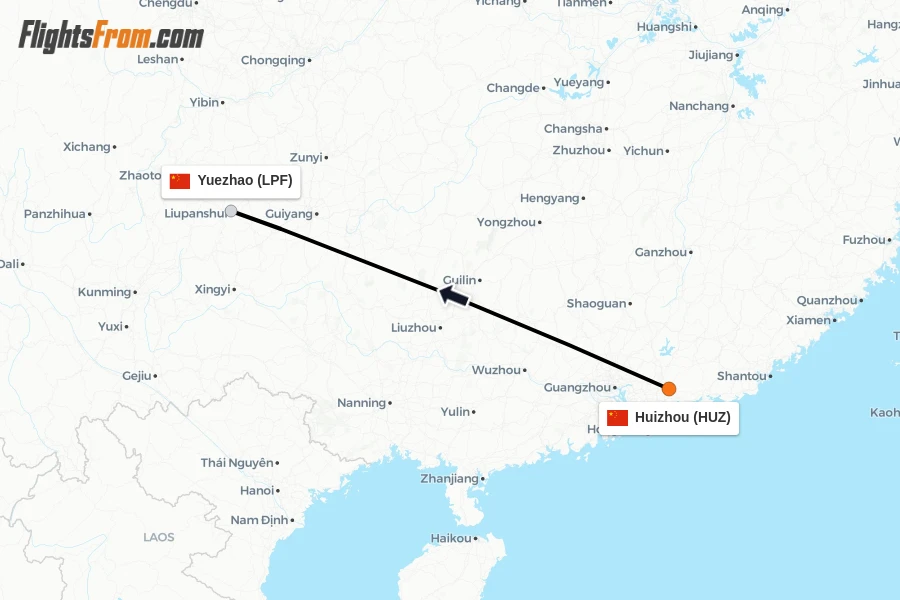 Flights from Huizhou to Yuezhao route map