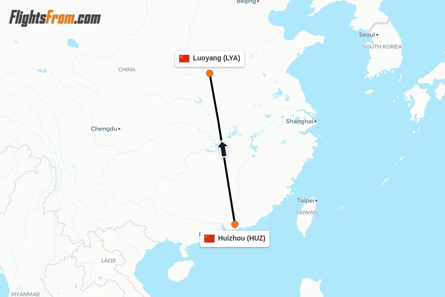Flights from Huizhou to Luoyang route map