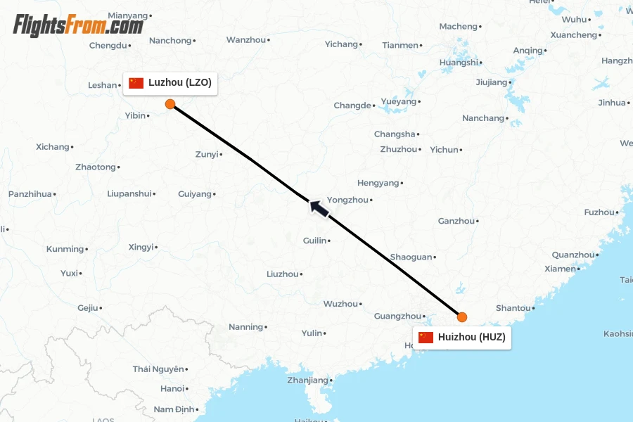 Flights from Huizhou to Luzhou route map