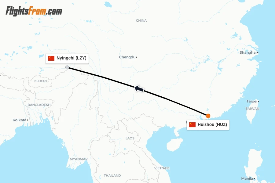 Flights from Huizhou to Nyingchi route map