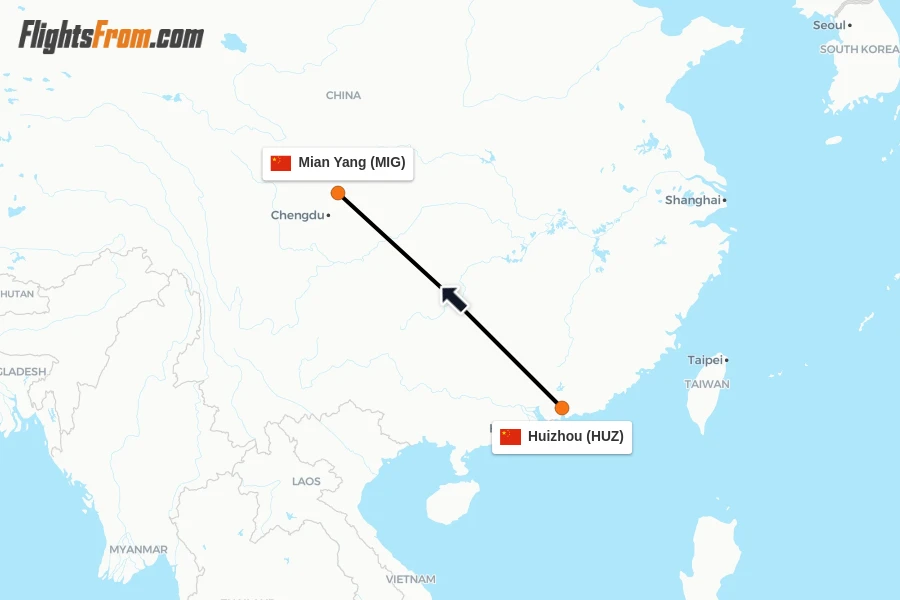 Flights from Huizhou to Mian Yang route map