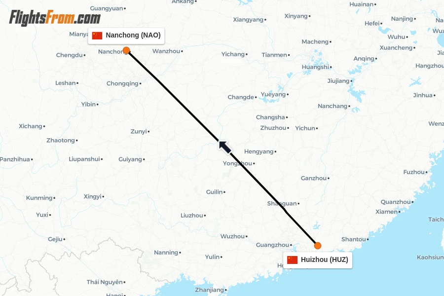 Flights from Huizhou to Nanchong route map