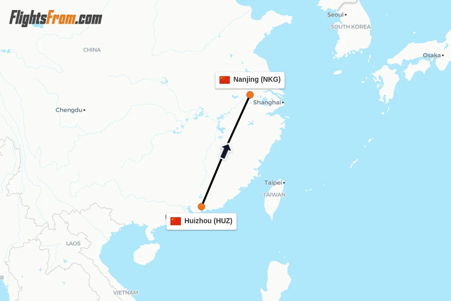 Flights from Huizhou to Nanjing route map