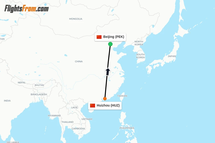 Flights from Huizhou to Beijing route map