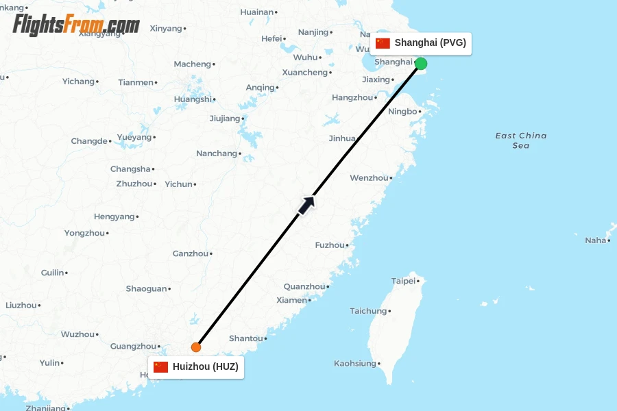 Flights from Huizhou to Shanghai route map