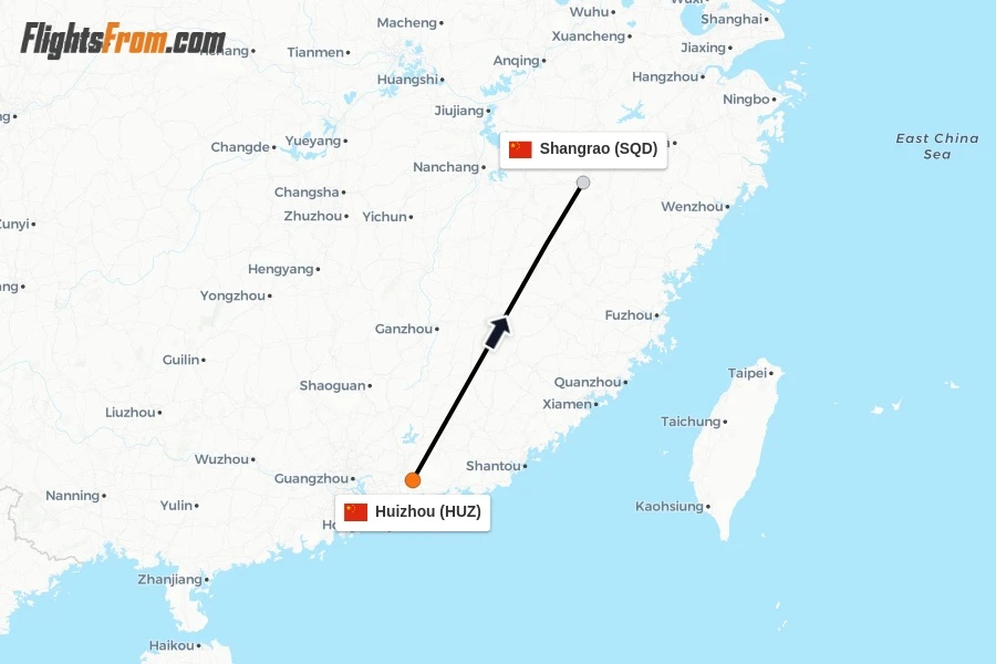 Flights from Huizhou to Shangrao route map