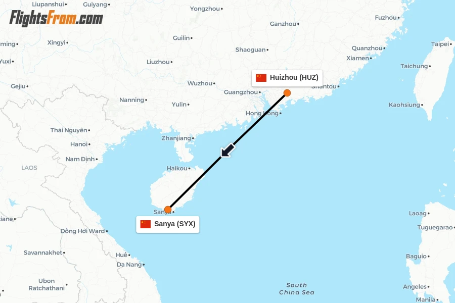 Flights from Huizhou to Sanya route map
