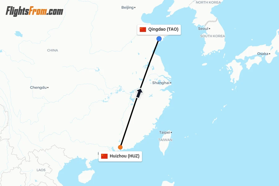 Flights from Huizhou to Qingdao route map