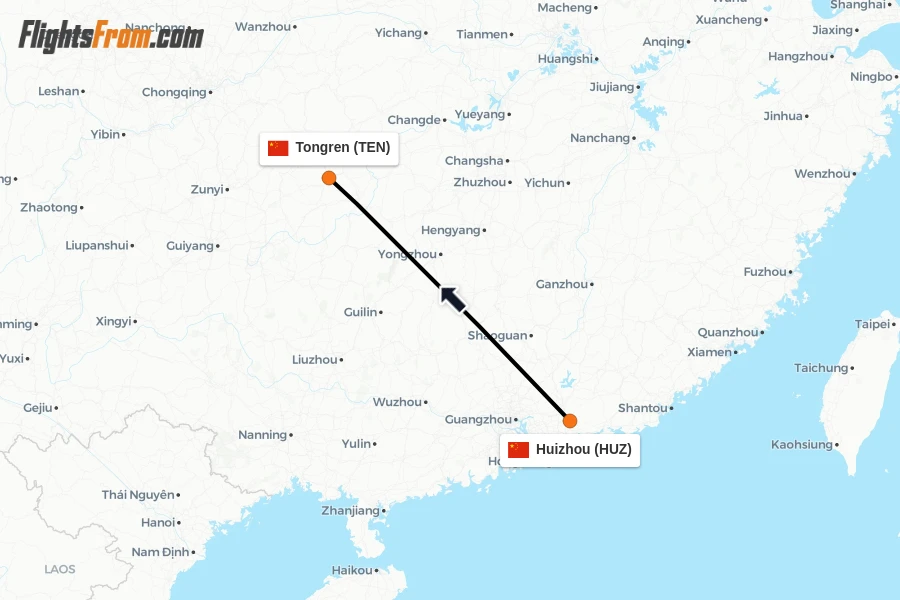 Flights from Huizhou to Tongren route map
