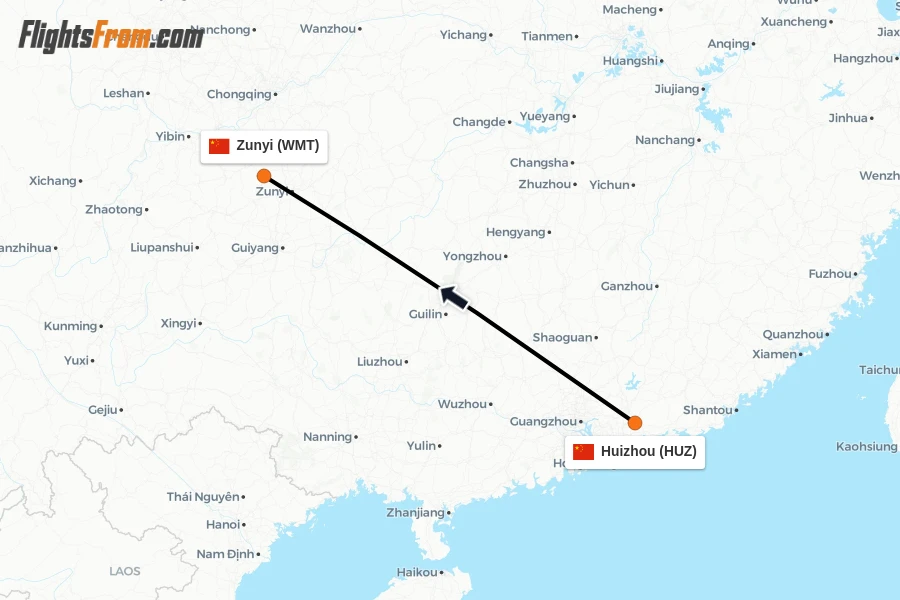 Flights from Huizhou to Zunyi route map