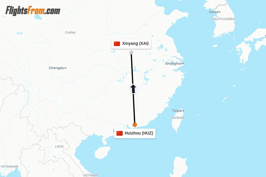 Flights from Huizhou to Xinyang route map