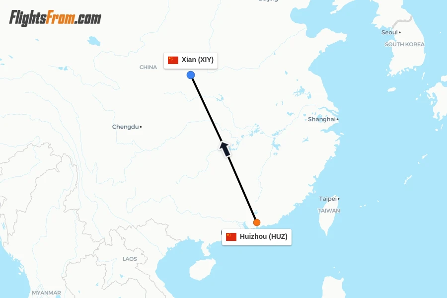 Flights from Huizhou to Xian route map