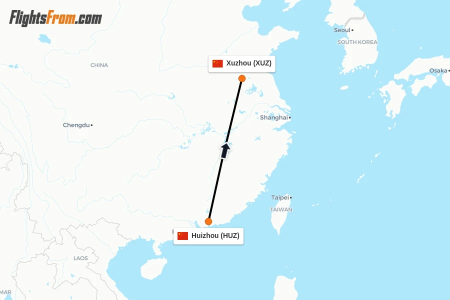 Flights from Huizhou to Xuzhou route map