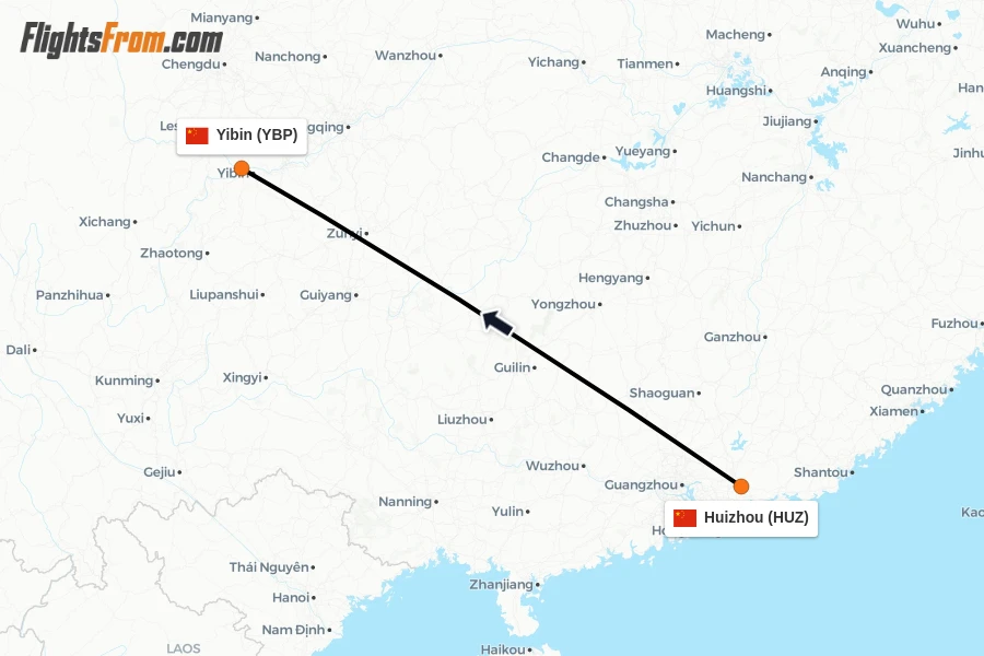 Flights from Huizhou to Yibin route map