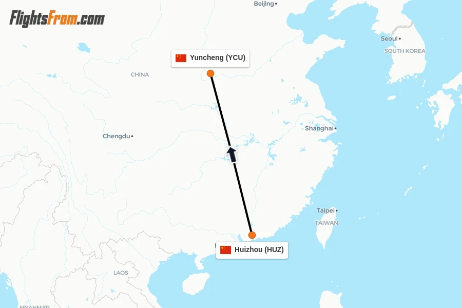 Flights from Huizhou to Yuncheng route map