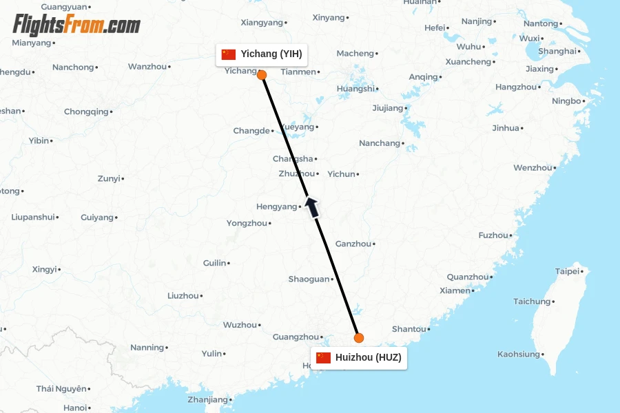 Flights from Huizhou to Yichang route map