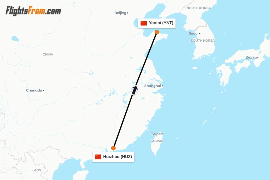Flights from Huizhou to Yantai route map