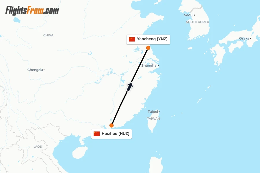 Flights from Huizhou to Yancheng route map