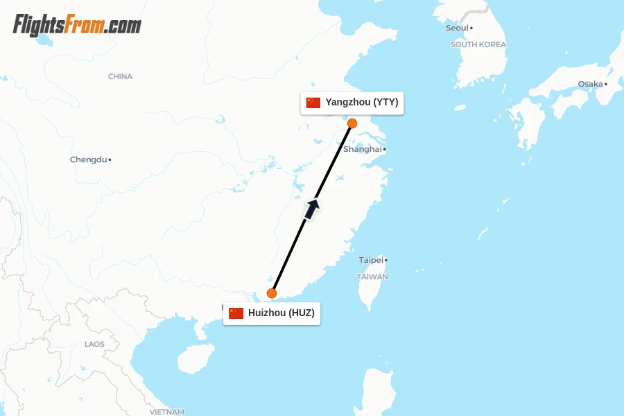 Flights from Huizhou to Yangzhou route map
