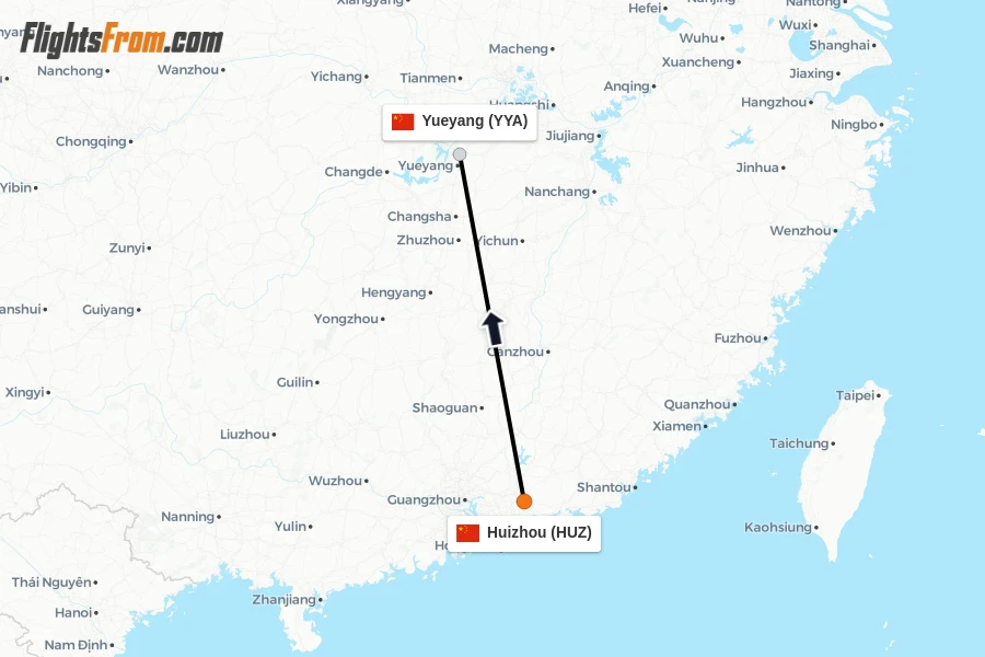 Flights from Huizhou to Yueyang route map