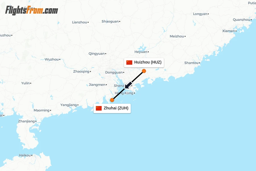 Flights from Huizhou to Zhuhai route map