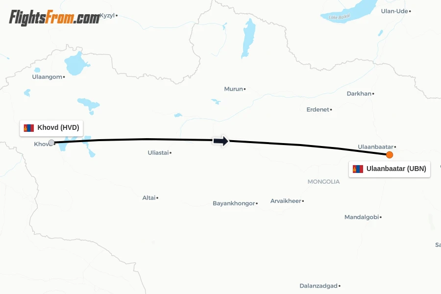 Flights from Khovd to Ulaanbaatar route map