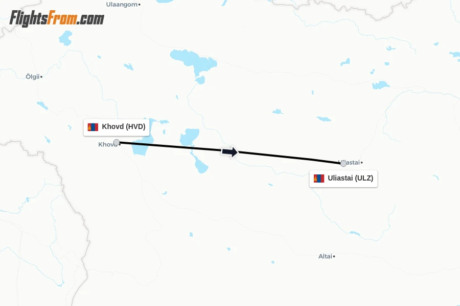 Flights from Khovd to Uliastai route map