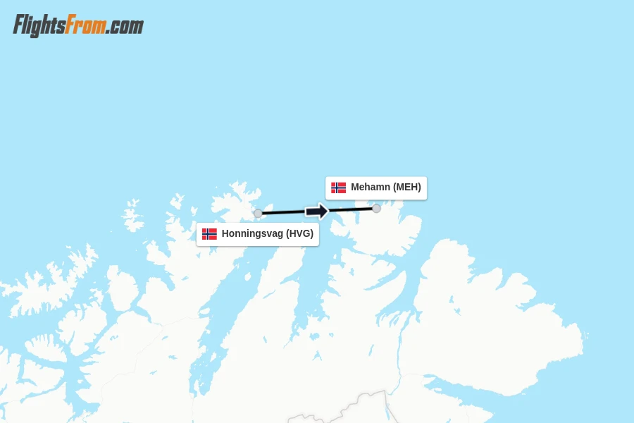 Flights from Honningsvag to Mehamn route map