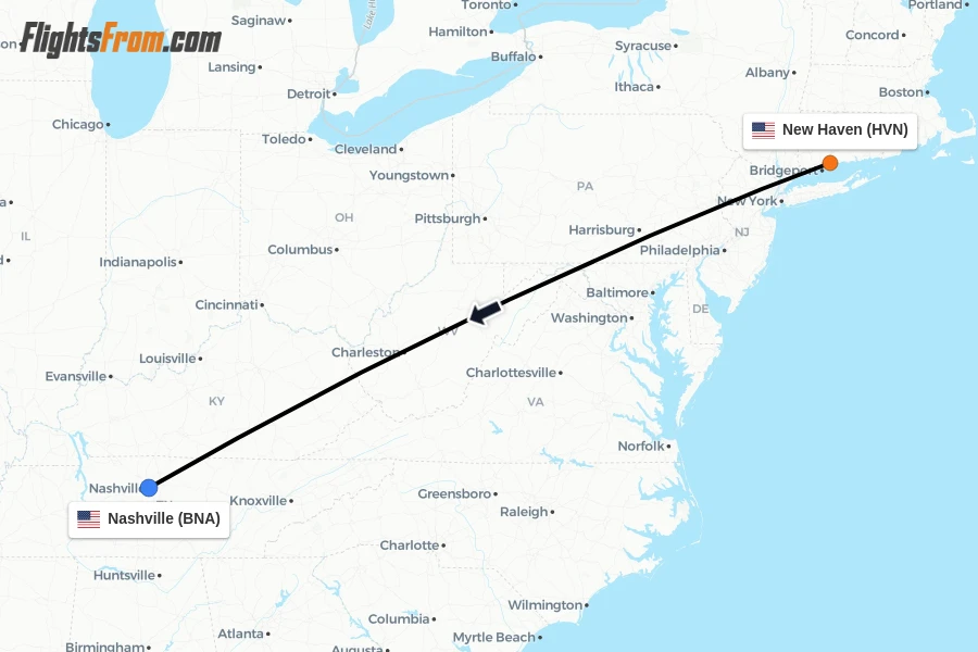 Flights from New Haven to Nashville route map